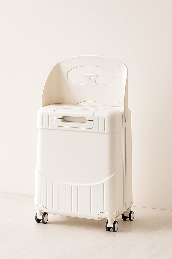 White suitcase with a visible brand logo on a light beige background1